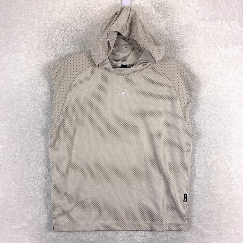 ASRV Hoodie Mens M Beige Mesh Cutoff Performance Stretch Gym Pumpshirt Preppy